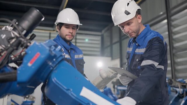 Two robotics technicians inspect welding torch on customized robotic arm in warehouse, using tablet for inspection, robot calibration before shipment.