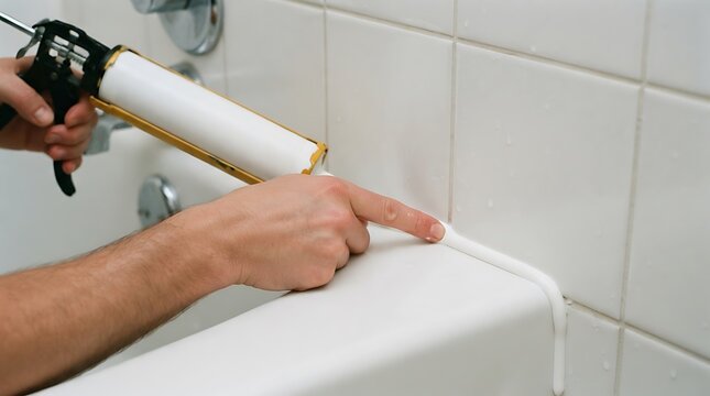 Hand applying sealant with caulk gun to bathtub edge for home improvement and repair project