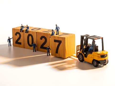 Miniature workers moving wooden blocks forming 2027 year sign with forklift for business planning calendar business planning strategy forklift miniature construction logistics industrial