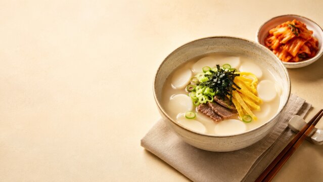 Delicious ramen bowl with chashu pork, egg, seaweed, and bamboo shoots on a light background with copy banner format