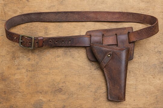 Rustic brown leather gun belt and holster on a wooden background