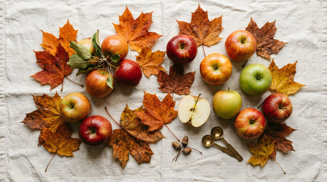 Fresh red and green apples with colorful autumn leaves arranged on a bright white wooden board surface