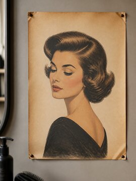 Retro beauty salon poster featuring a woman with vintage hairstyle, vertical 3x4