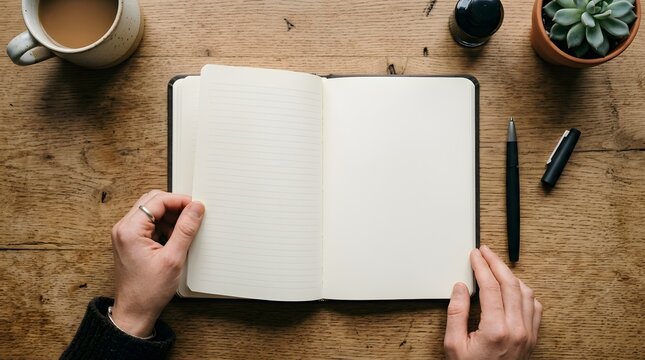 Overhead view of a person holding an open notebook with a pen coffee and plant on a wooden desk