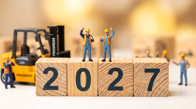 Team of miniature workers standing on wooden 2027 year blocks beside forklift for business goal setting with calendar business planning strategy forklift miniature teamwork development