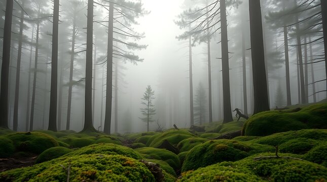 misty coniferous forest with green moss covered ground