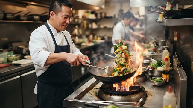 Asian Chef Cooking Stir-Fry Vegetables in Wok with Flames, Professional Kitchen Environment, Food Preparation and Culinary Expertise