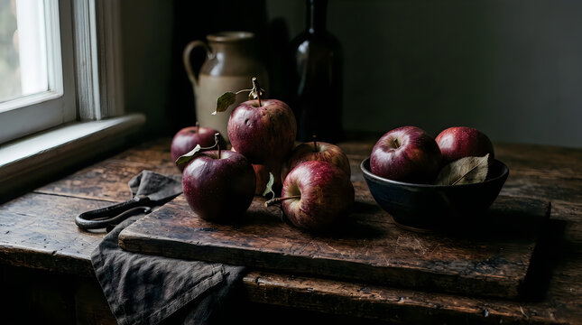 Fresh red apples in a dark rustic bowl sitting on a wooden table near a window with moody natural light