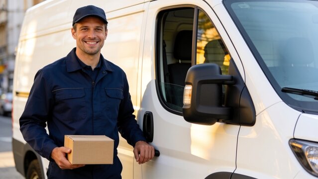 Delivery service employee standing in front of cargo van with welcoming smile and professional attire.