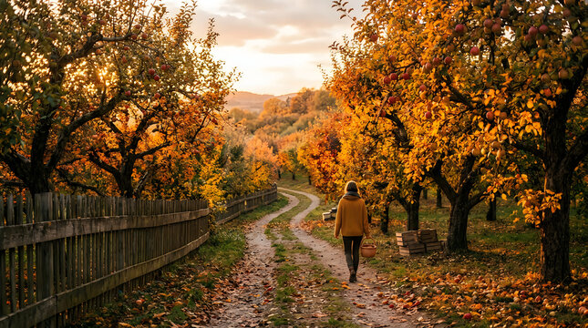 Young woman walking on a dirt path through a colorful autumn orchard with orange and yellow fall leaves