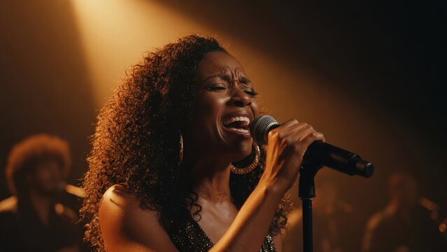 Passionate Female Singer Performing with Microphone on Stage