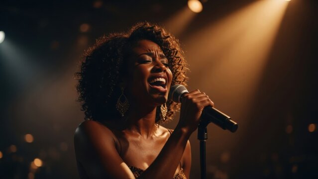 Passionate Female Singer Performing on Stage with Spotlight