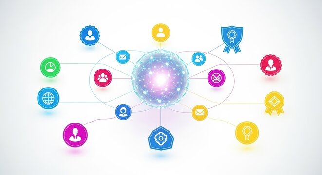 Modern business illustration of a central network node connected to various colorful profile icons and badges on a clean white background, digital, hub, vector
