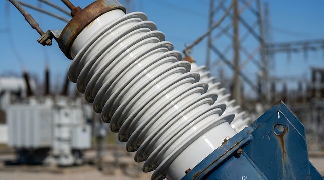 High voltage electrical ceramic insulator on transmission tower at power substation with insulator electricity transmission substation electrical infrastructure porcelain distribution