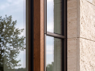 Fototapeta premium Modern Architectural Detail of Wood, Stone and Aluminum Window Facade