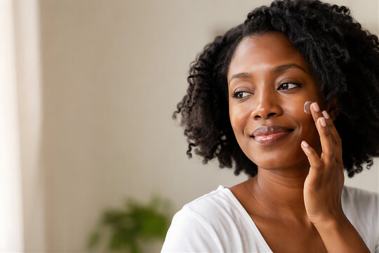 Black Woman Gently Applying Face Moisturizer During Morning Skincare Routine at Home with Warm Natural Light and Copy Space, Self-Care Beauty and Wellness Lifestyle Concept