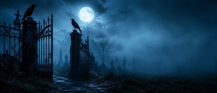 Spooky Halloween background with a full moon and eerie cemetery headstones at night in a foggy banner format