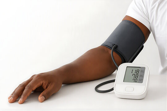 Close-Up of Dark Skin Black Person Arm with Digital Blood Pressure Monitor Cuff Showing Healthy Reading Preventive Health Care and Cardiovascular Wellness Medical Concept