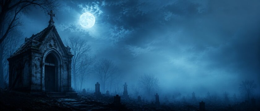 Spooky Halloween background with a full moon and eerie cemetery headstones at night in a foggy banner format