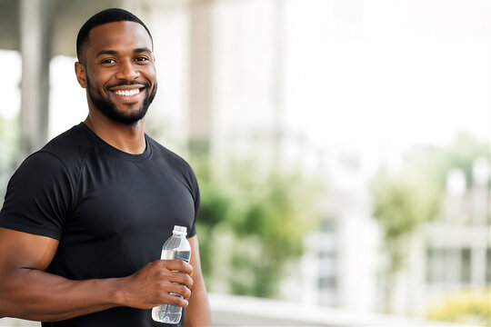 Fit young Black man holding clear water bottle after workout smiling directly at camera with copy space, healthy hydration and fitness lifestyle concept in natural outdoor daylight