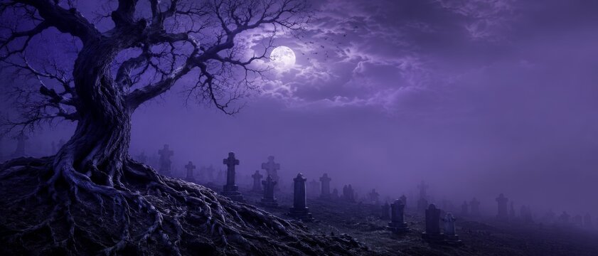 Spooky Halloween background with a full moon and eerie cemetery headstones at night in a foggy banner format