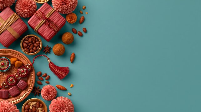 Vibrant indian festival flat lay with gifts, sweets, flowers, and rakhi on orange background, raksha bandhan themed photo realistic photo
