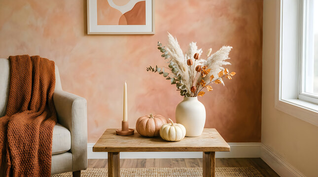 Cozy living room interior with a wooden table pumpkins flowers in a vase and a soft throw blanket