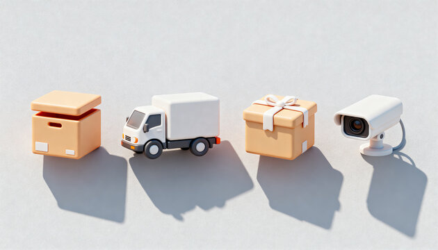Minimal 3D icons of an open cardboard box, white delivery truck, gift parcel and security camera on light gray background