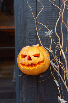 Glowing carved jack o lantern pumpkin on black wooden porch with natural branches. Classic Halloween holiday decoration creating a spooky autumn atmosphere, seasonal home decor.