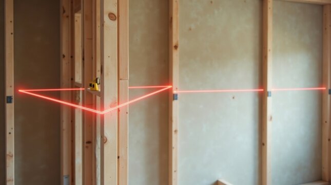 Primer plano de un nivel l&aacute;ser de precisi&oacute;n proyectando l&iacute;neas de alineaci&oacute;n sobre una pared interior reci&eacute;n enmarcada