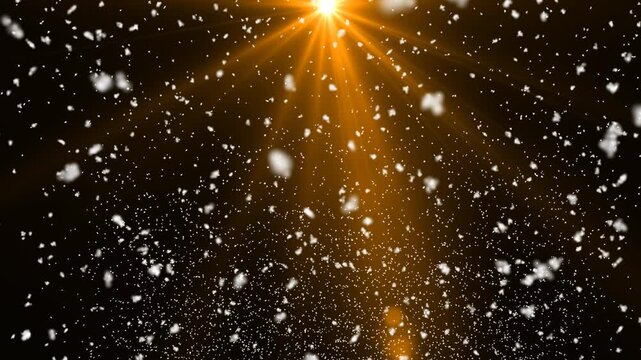 Falling Snowflakes with Golden  Rays on Black Background