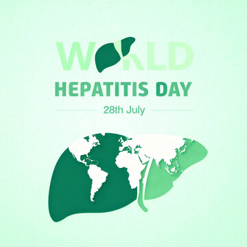 Green liver shape with world map continents on light background with World Hepatitis Day 28th July text