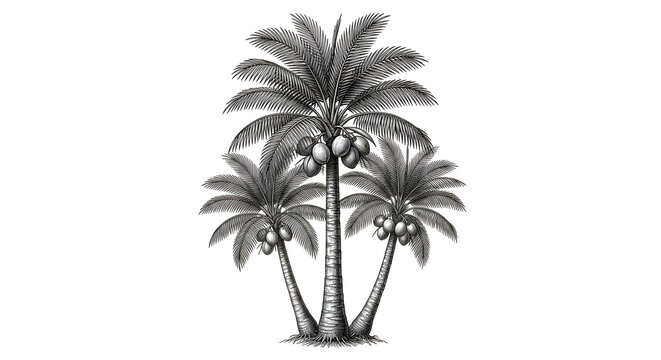 Vintage engraving style illustration of a cluster of coconut palm trees with fruits