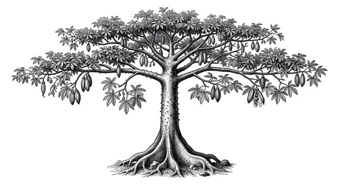 Detailed vintage engraving style illustration of a large Kapok tree with seed pods and spreading branches