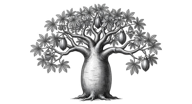 Detailed vintage engraving style illustration of an exotic baobab tree with fruits and leaves