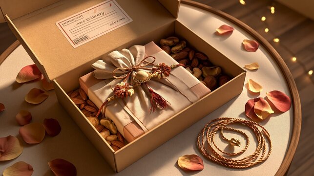 Gift box with rakhi, dry fruits, and rose petals for raksha bandhan celebration, raksha bandhan themed photo realistic photo