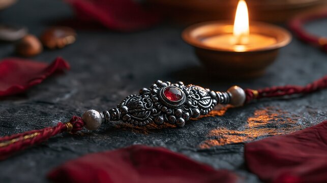 Elegant silver rakhi bracelet with intricate mandala design on a dark textured background with diya, raksha bandhan themed photo realistic photo