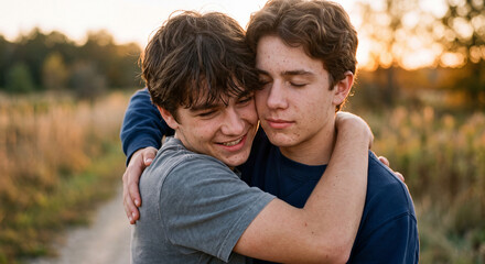 Fototapeta premium Two young male friends embrace warmly in a scenic outdoor park during a golden hour sunset.