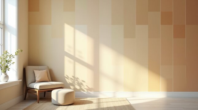 Pared de suelo a techo cubierta con muestras cuadradas de color de pintura, dispuestas de forma ordenada en tonos neutros c&aacute;lidos