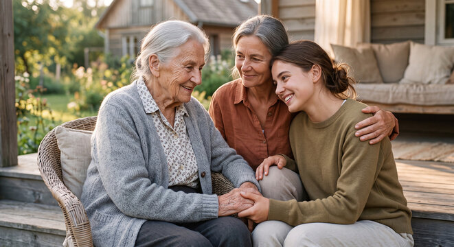 Three generations of smiling women sit together on a sofa holding hands and sharing a tender family moment.