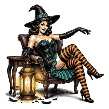 Pin-up style witch illustration sitting in an armchair
