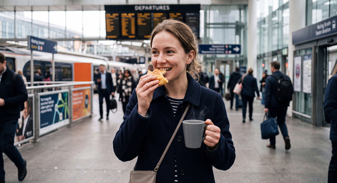 A professional woman eating a sandwich and holding a cup of coffee while walking through a busy railway station.