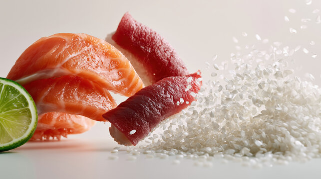 Fresh salmon slice and tuna sashimi with flying rice grains and lime slice create dynamic and appetizing seafood composition with vibrant colors and textures