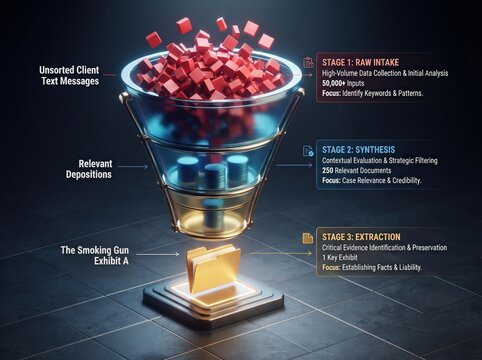 Data processing funnel illustration, legal evidence synthesis and extraction stages, 3D digital information flow for business analytics