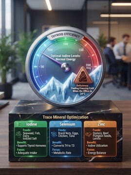 Thyroid efficiency meter for trace mineral optimization, iodine selenium and zinc health infographic, metabolic energy gauge illustration