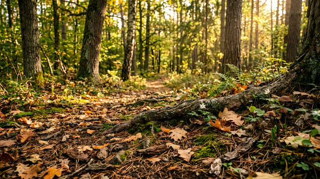 Beautiful path in a sunny autumn forest with fallen orange and brown leaves on the ground between trees
