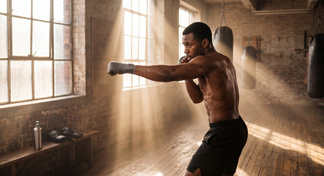 A shirtless muscular boxer practicing punches and shadow boxing in an industrial gym with bright sunlight.