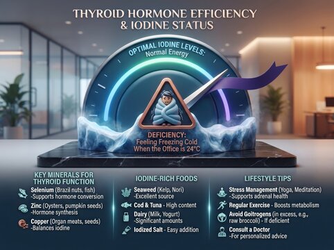 Thyroid hormone efficiency and iodine status infographic, medical health dashboard with nutrition tips, endocrine system wellness guide