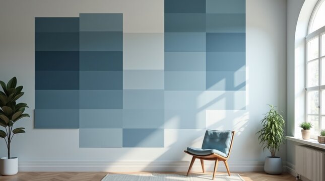 Pared de acento en la oficina en casa con bloques de muestras de pintura en tonos de azul