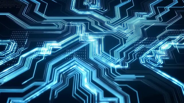 Glowing blue circuit lines form dense futuristic network across dark abstract background with layered geometric paths, sharp connections, neon contrast, and sleek cyber technology mood